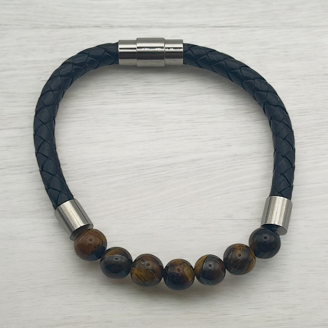Pulsera de cordón de cuero trenzado con Piedra Ojo de Tigre
