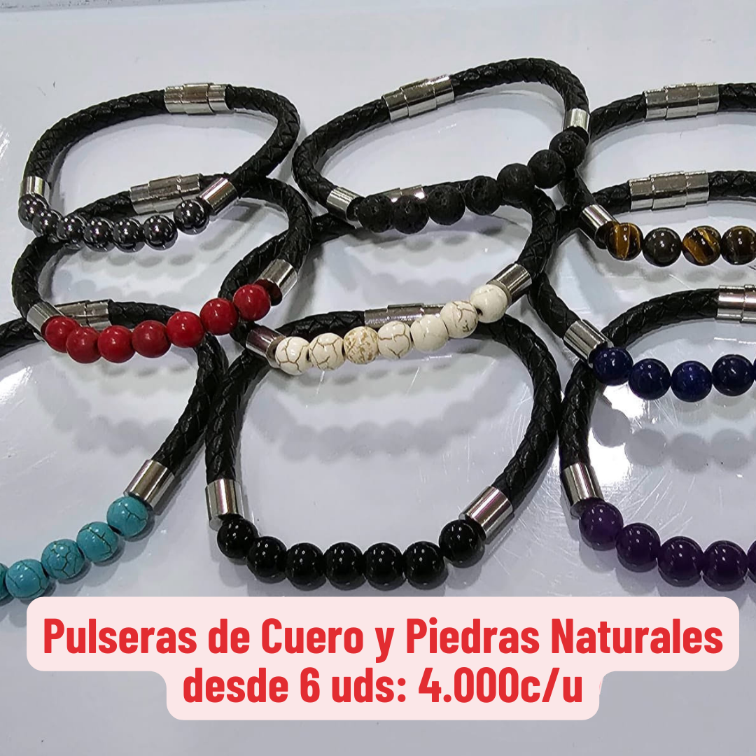 6uds Pulseras de Cuero y Piedras Naturales