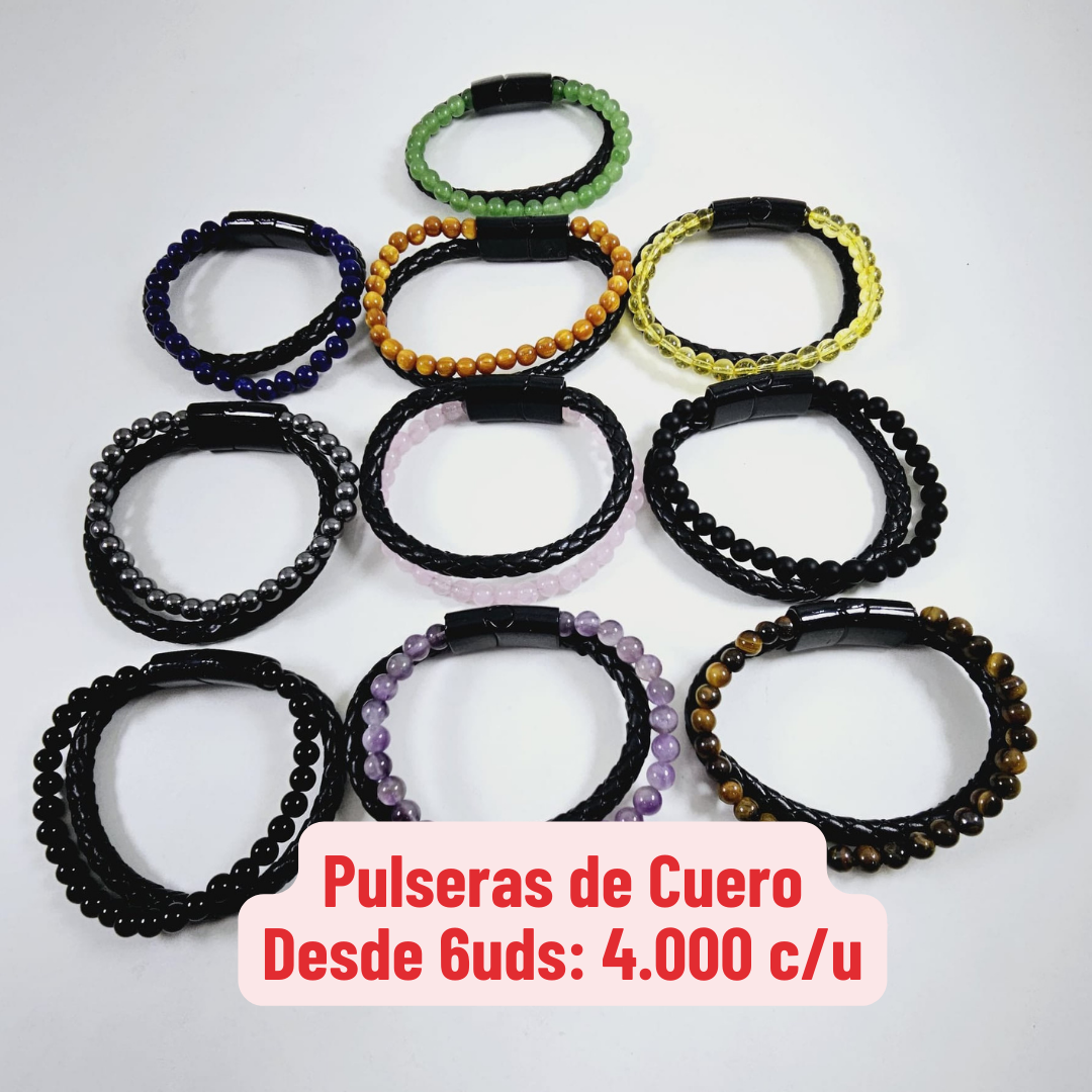 6uds Pulseras de Cuero y Cuarzo