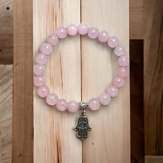 Pulsera de Cuarzo Rosa con Mano de Fátima