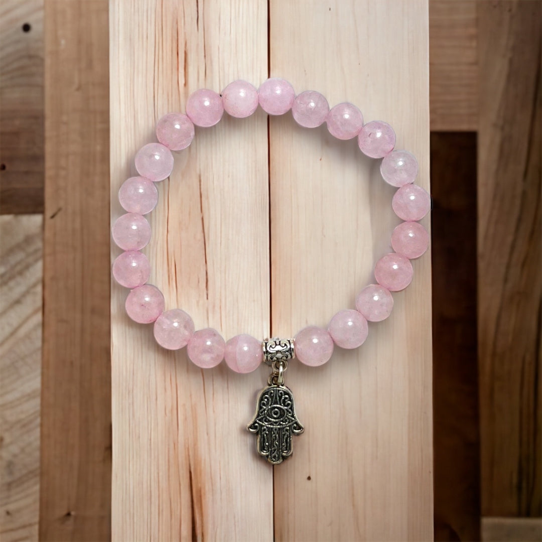 Pulsera de Cuarzo Rosa con Mano de Fátima 10 Uds