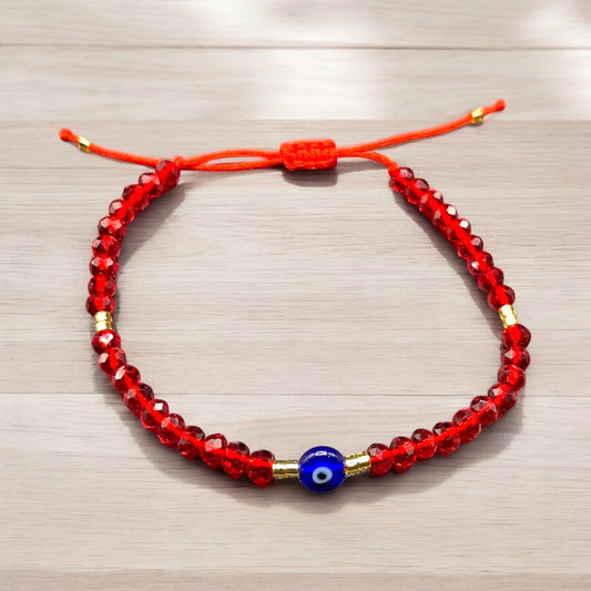 Pulsera de hilo rojo con cristales y ojo turco