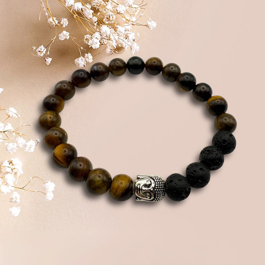 Pulsera Ojo de Tigre, Piedra Volcánica y Cabeza de Buda