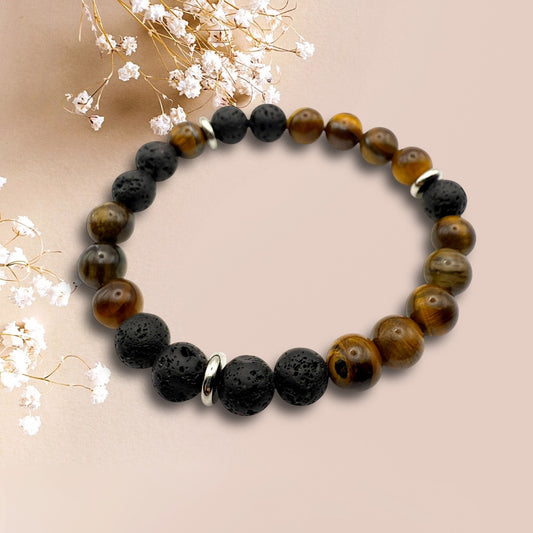 Pulsera Ojo de Tigre y Piedra Volcánica
